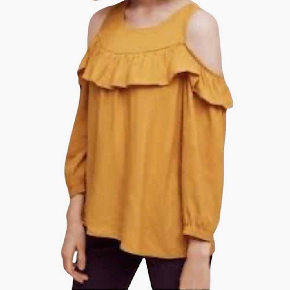 ANTHROPOLOGY MAEVE BOHEMIAN MUSTARD YELLOW RUFFLE  COLD SHOULDER TOP SZ 2